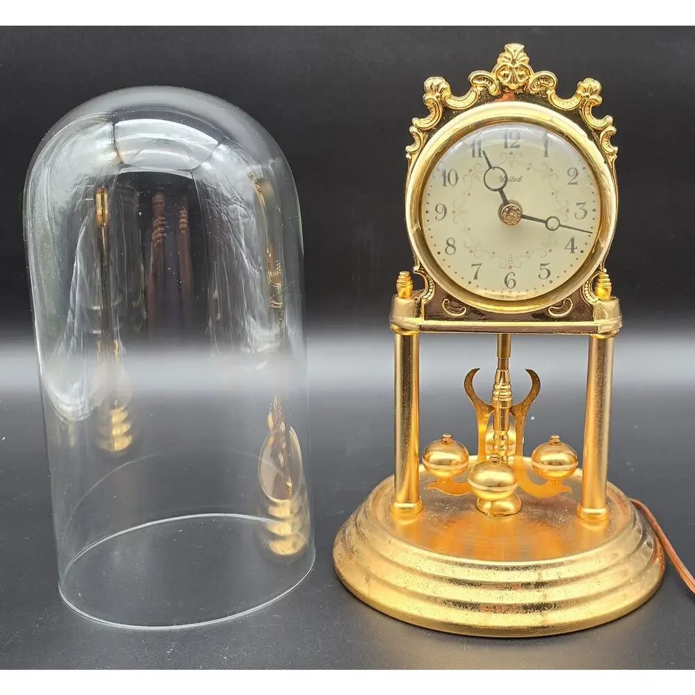 Vintage United Model 975 Brass Anniversary Clock w/ Glass Dome Works - Rare